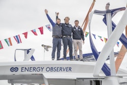 Victorien Erussard, Jérôme Delafosse and Marin Jarry on the deck of Energy Observer